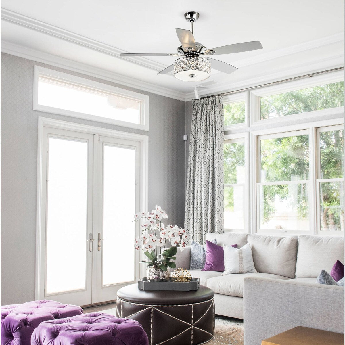 Modern Chrome 5-Blade Reversible Crystal Ceiling Fan with Remote and Light Kit - 52-in W