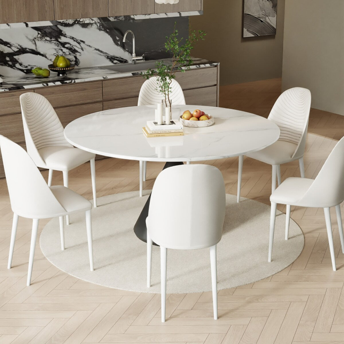 Modern 53" Round Dining Table for 6, Glossy White Stone Tabletop