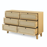 Modern Rattan Solid Wood Dresser with 6 Drawers for Bedroom