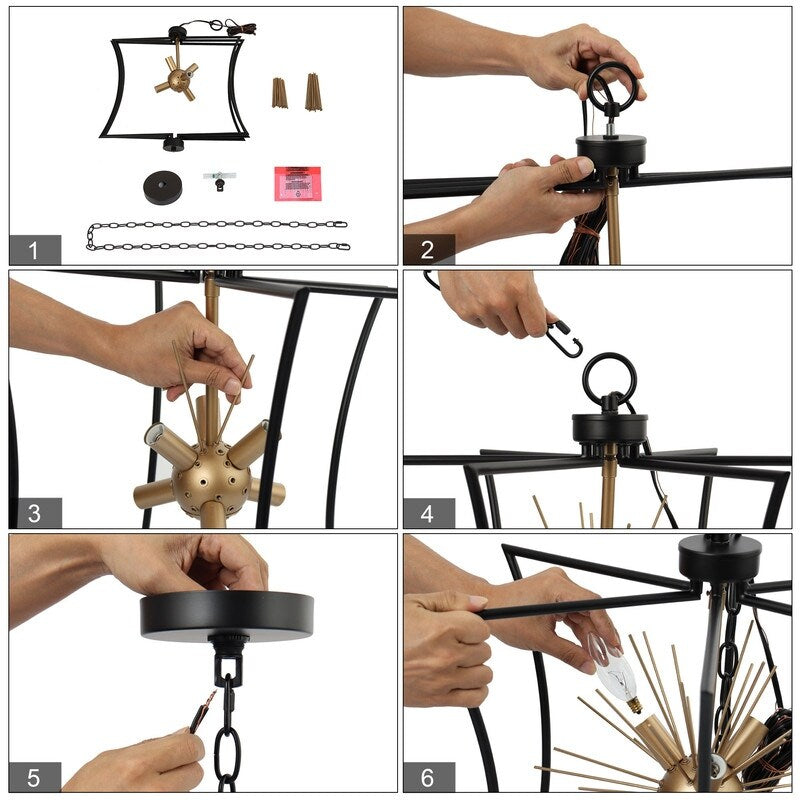 Modern 6-Light Black Gold Chandelier Starburst Pendant Light for Dining Room - 20.5" D x 21.5'' H