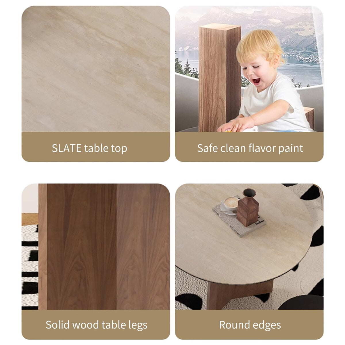 Modern 71" Retangular Dining Table, Solid Wood Legs, Stone Table-top