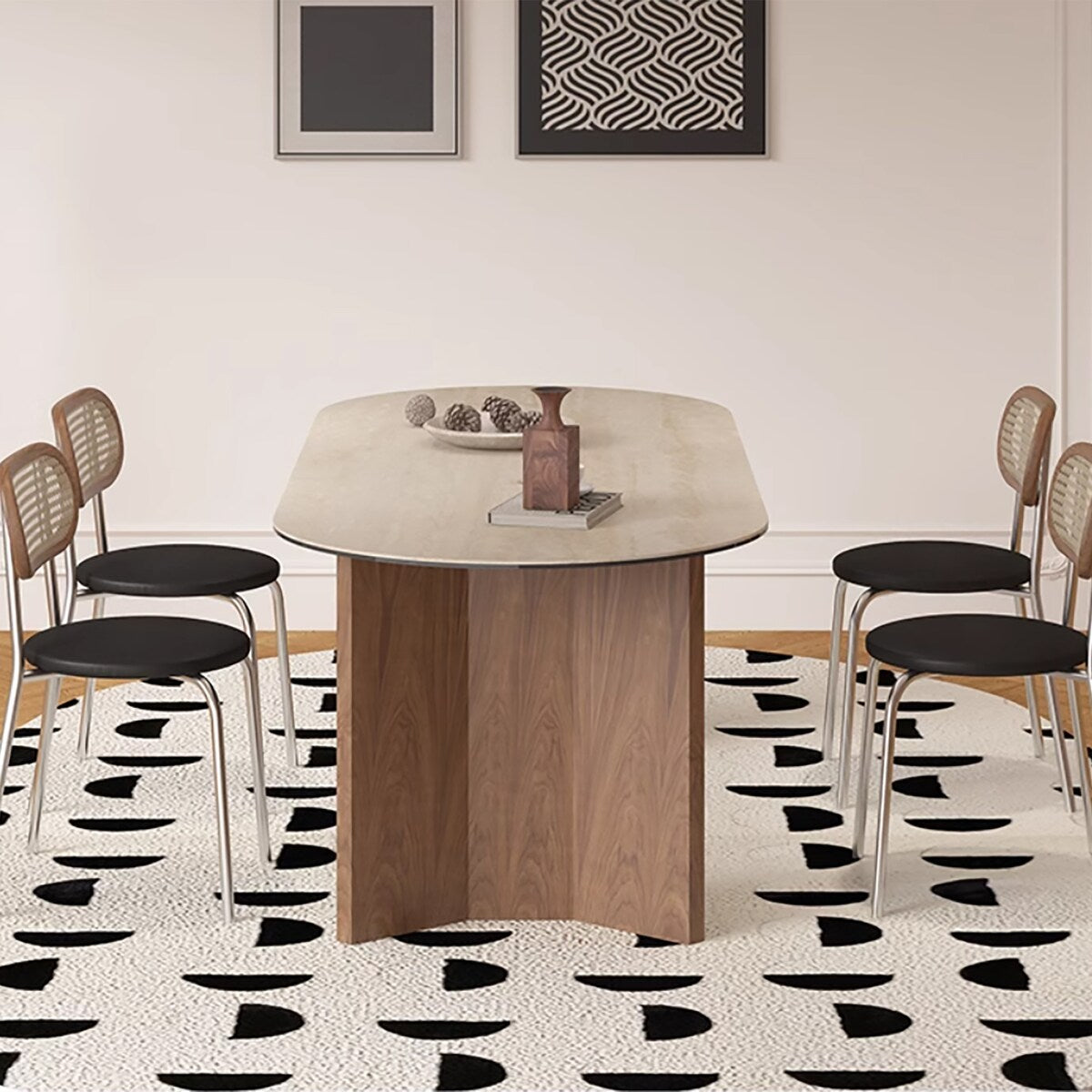 Modern 71" Retangular Dining Table, Solid Wood Legs, Stone Table-top