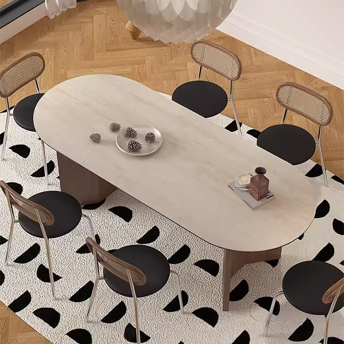 Modern 71" Retangular Dining Table, Solid Wood Legs, Stone Table-top