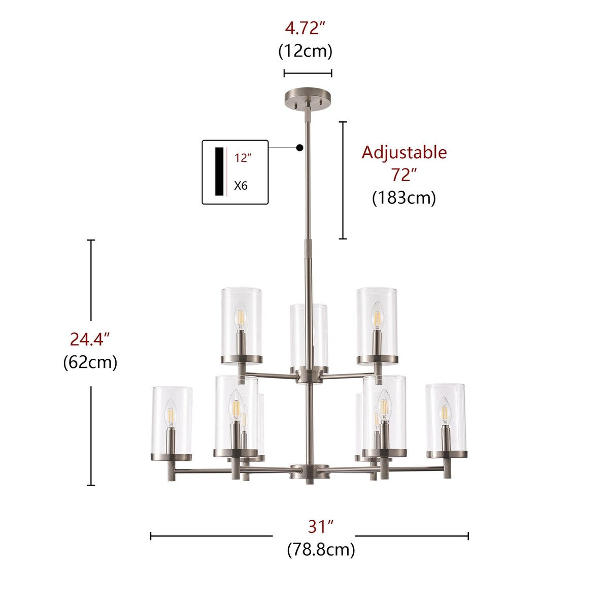 Modern 9-Light Brushed Nickel Candle Chandelier with Clear Glass Shades