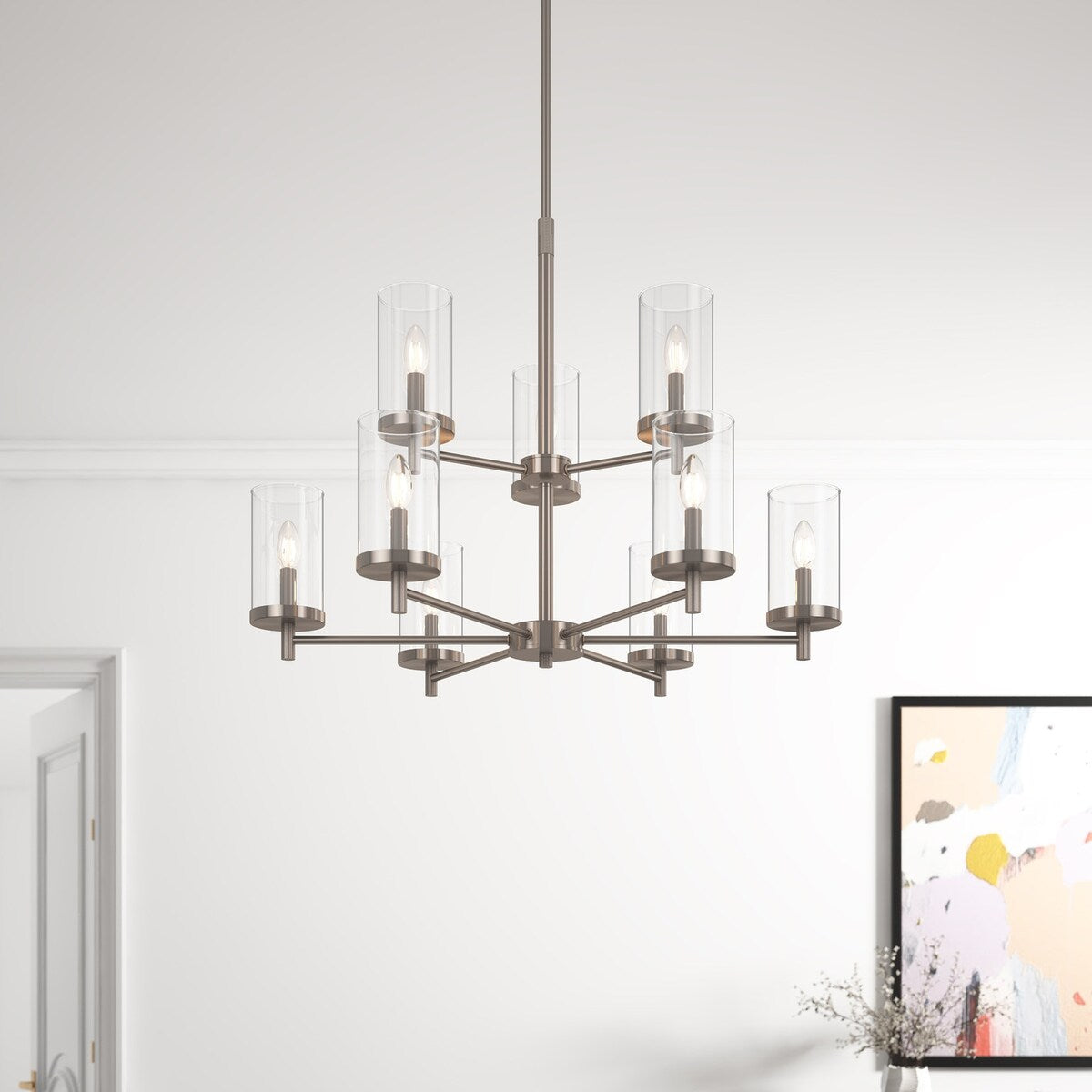 Modern 9-Light Brushed Nickel Candle Chandelier with Clear Glass Shades