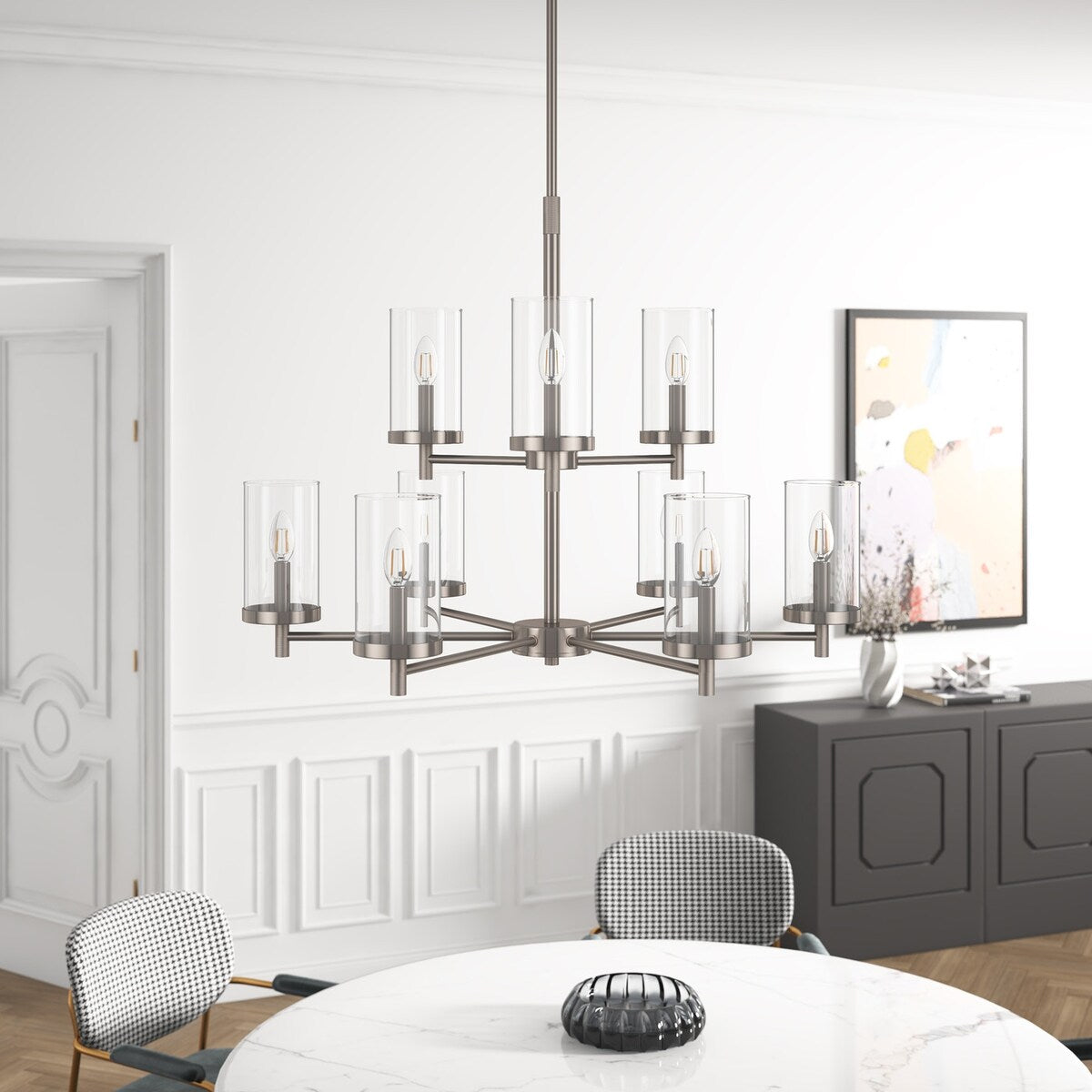 Modern 9-Light Brushed Nickel Candle Chandelier with Clear Glass Shades