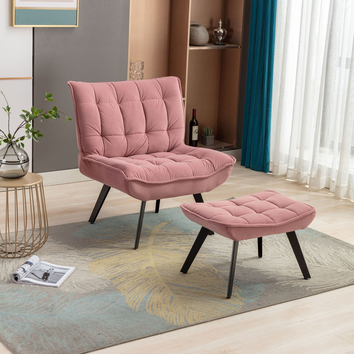Modern Accent Chair Leisure Chair With Ottoman Black Legs