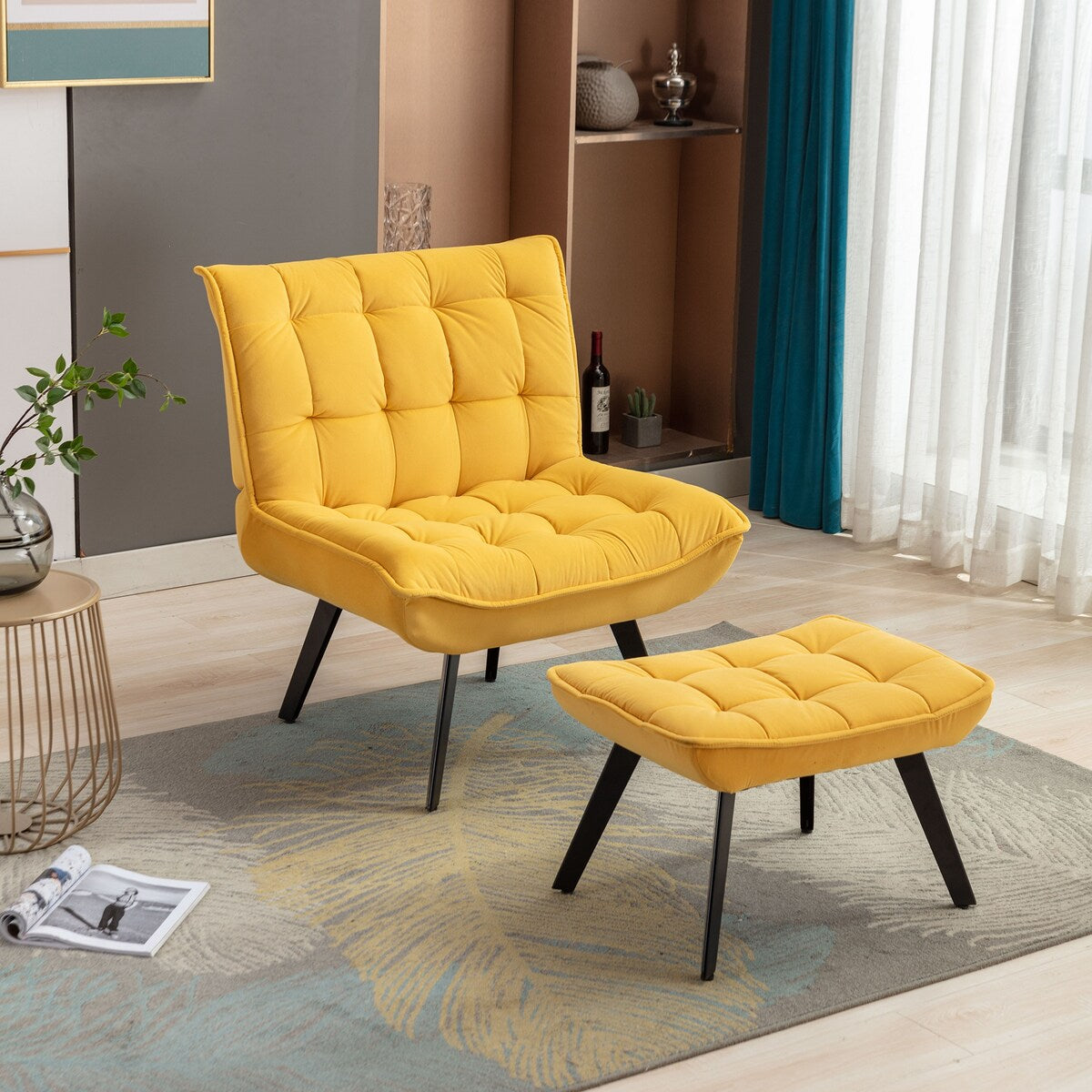 Modern Accent Chair Leisure Chair With Ottoman Black Legs