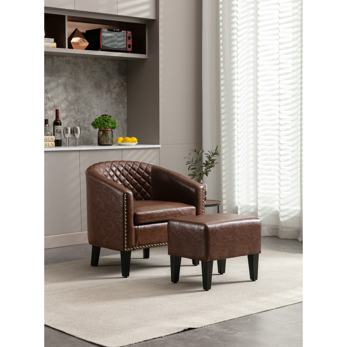 Modern Accent Chair with Ottoman for Livingroom Set, Brown PU