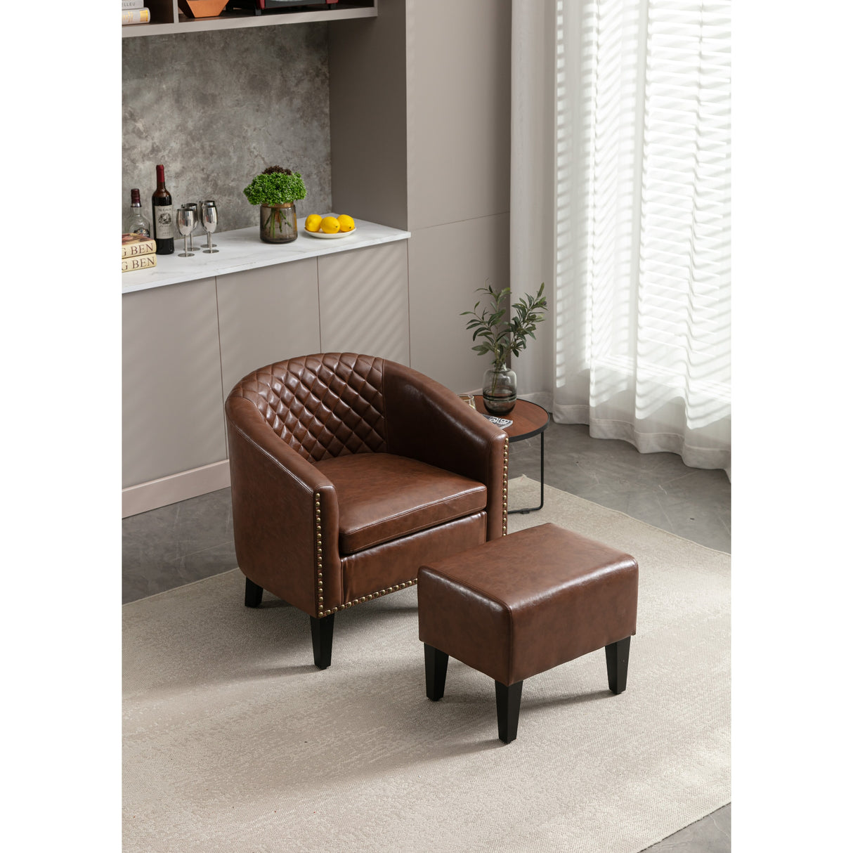 Modern Accent Chair with Ottoman for Livingroom Set, Brown PU