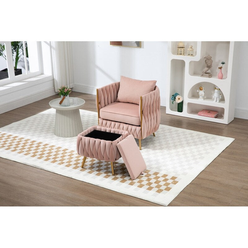 Modern Accent Chair with Storage Ottoman, Velvet Tufted Barrel Arm Chair, Single Sofa, Lounge Reading Chair, Accent Chair