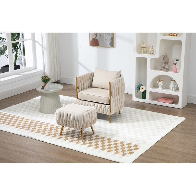 Modern Accent Chair with Storage Ottoman, Velvet Tufted Barrel Arm Chair, Single Sofa, Lounge Reading Chair, Accent Chair