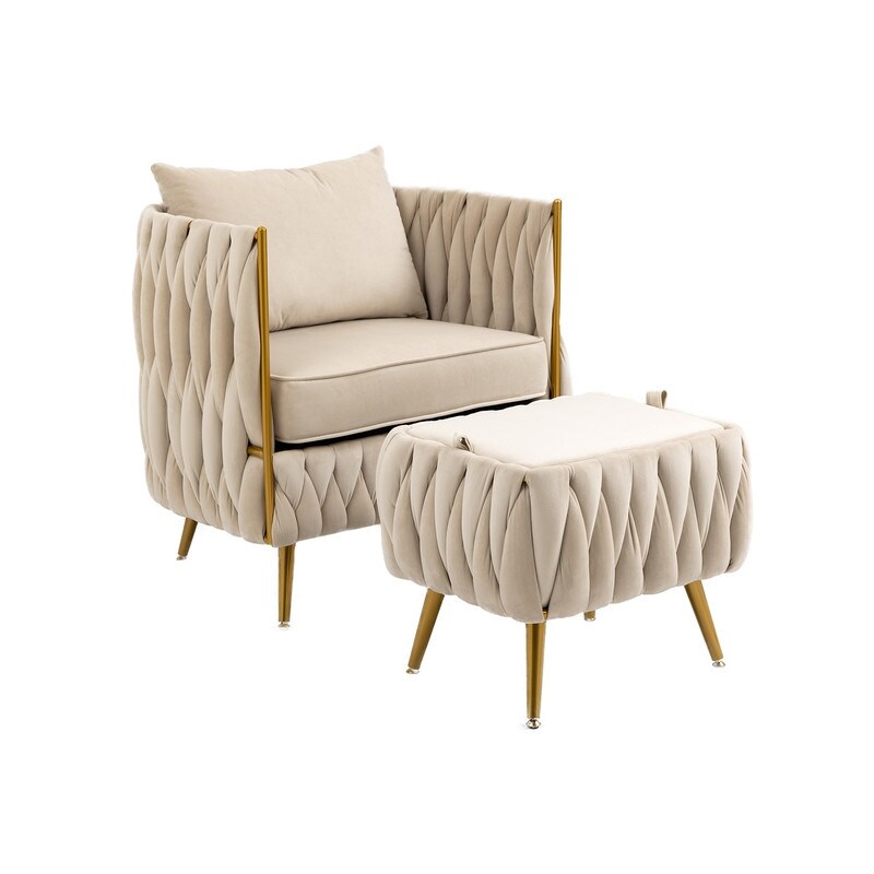 Modern Accent Chair with Storage Ottoman, Velvet Tufted Barrel Arm Chair, Single Sofa, Lounge Reading Chair, Accent Chair