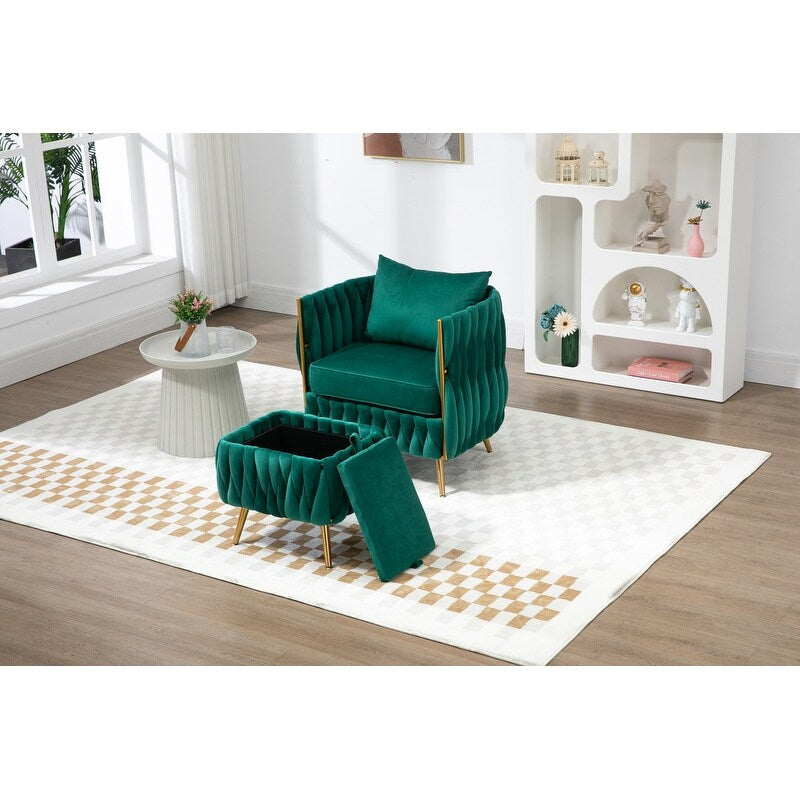 Modern Accent Chair with Storage Ottoman, Velvet Tufted Barrel Arm Chair, Single Sofa, Lounge Reading Chair, Accent Chair