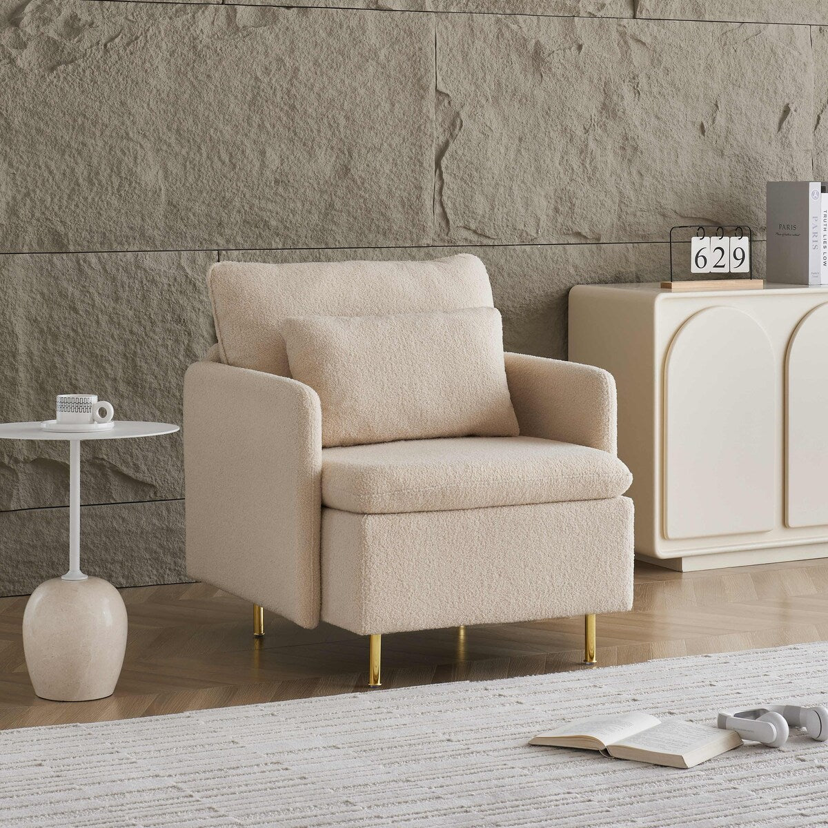 Modern Accent Chair,Sherpa Upholstered Cozy Comfy Armchair,Furry Reading Chair with Slim Armrest,Fuzzy Single Club Sofa Chairs