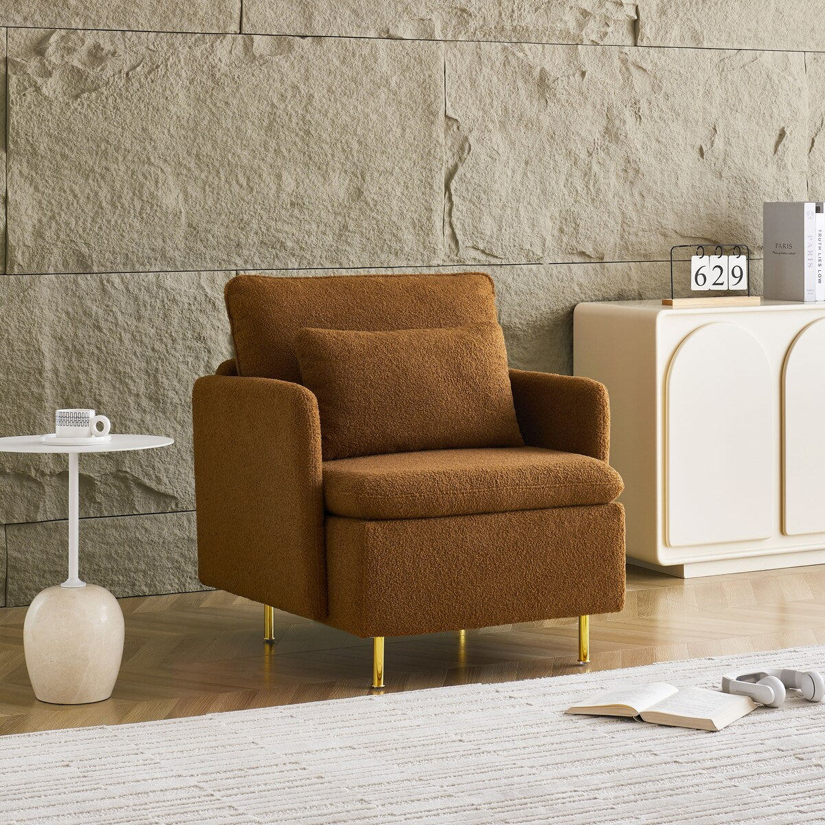 Modern Accent Chair,Sherpa Upholstered Cozy Comfy Armchair,Furry Reading Chair with Slim Armrest,Fuzzy Single Club Sofa Chairs