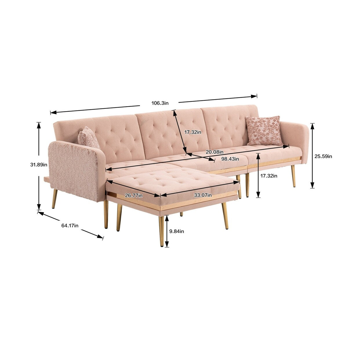 Modern Accent Sectional Sleeper Sofa with Split Back and Metal Legs
