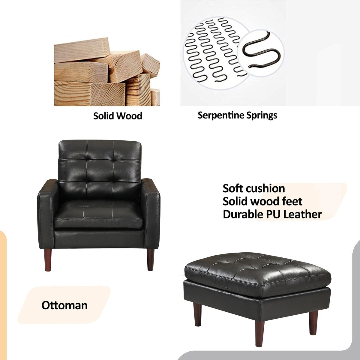 Modern Air Leather and PVC Chair and Ottoman for Living Room Hotel,Black