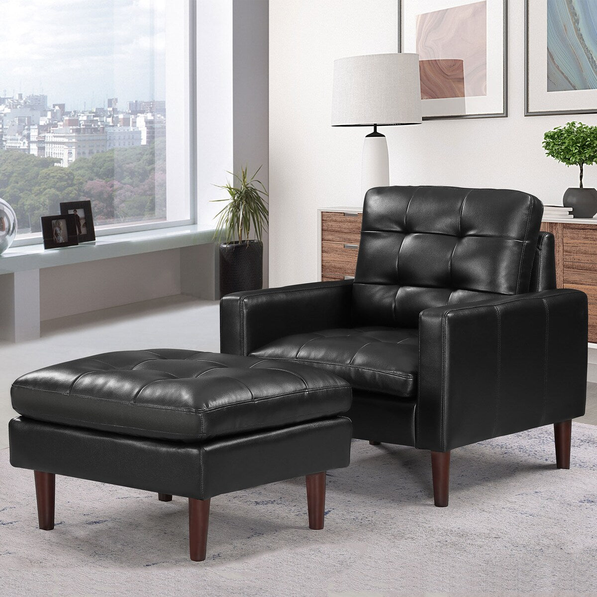 Modern Air Leather and PVC Chair and Ottoman for Living Room Hotel,Black