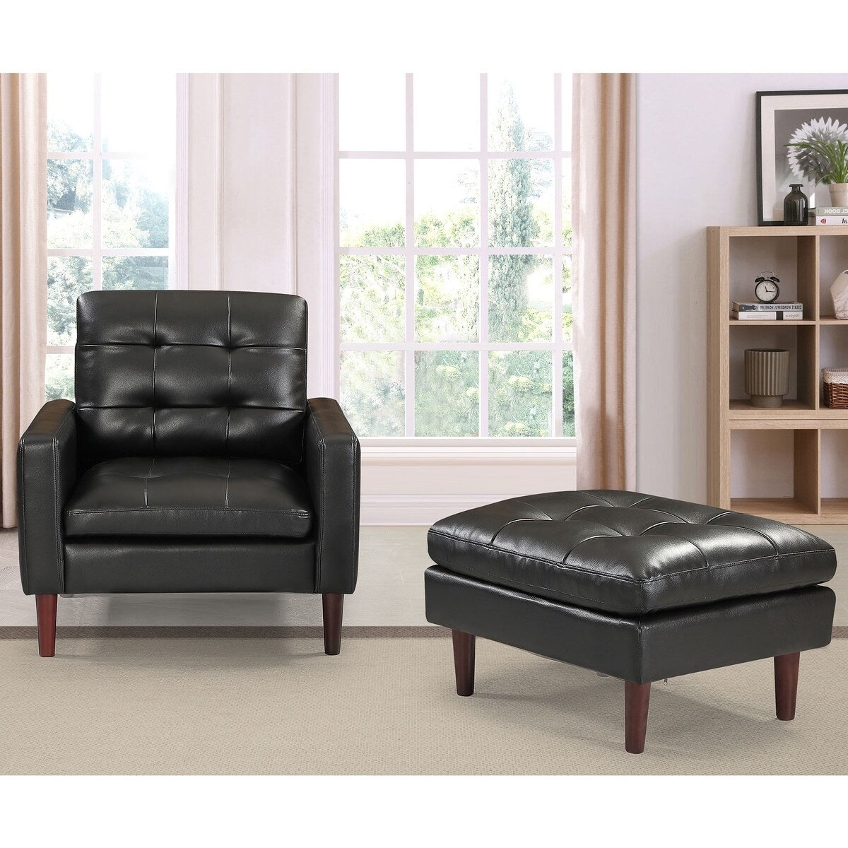 Modern Air Leather and PVC Chair and Ottoman for Living Room Hotel,Black