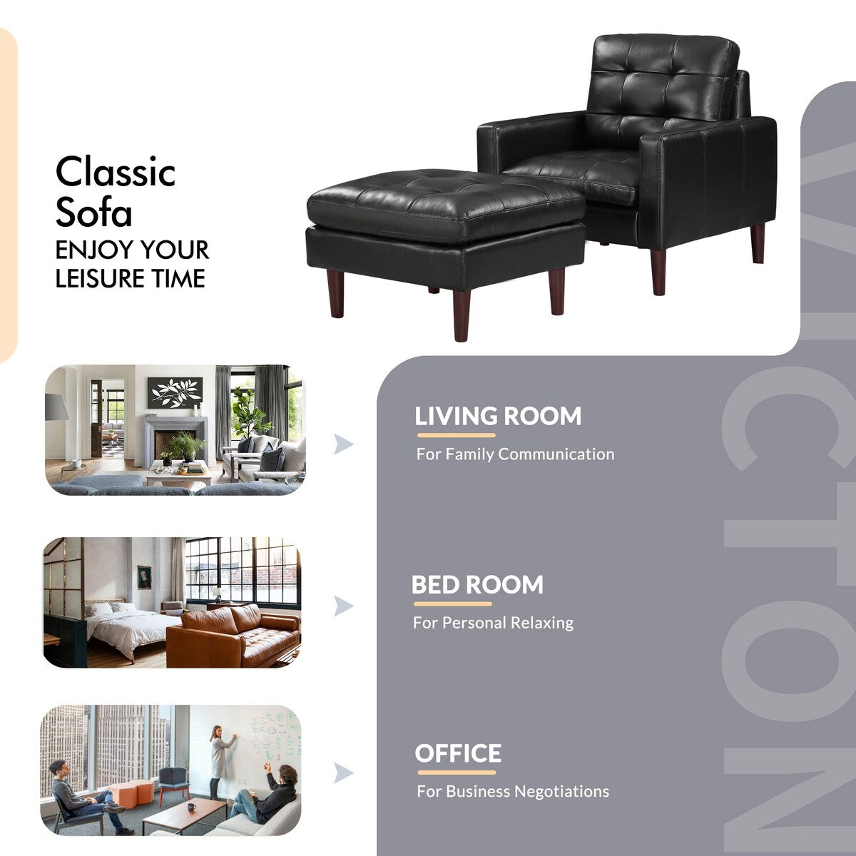 Modern Air Leather and PVC Chair and Ottoman for Living Room Hotel,Black