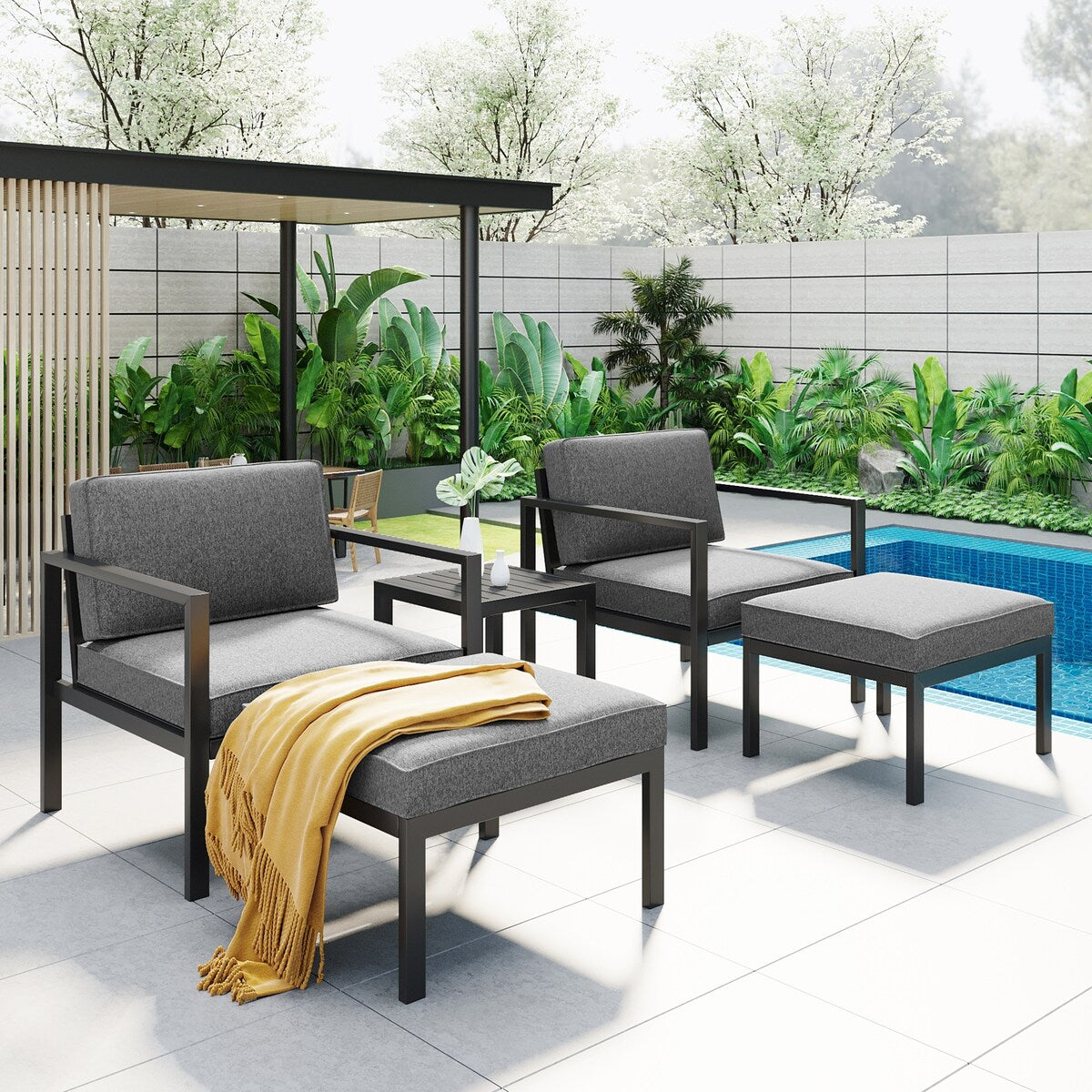 Modern Aluminum Alloy Outdoor Sofa Set with Grey Cushions and Coffee Table