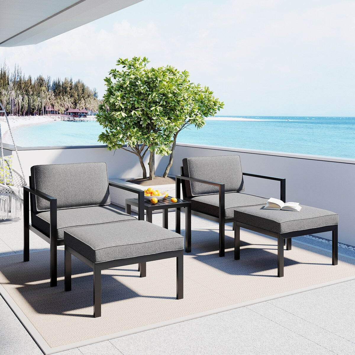 Modern Aluminum Alloy Outdoor Sofa Set with Grey Cushions and Coffee Table
