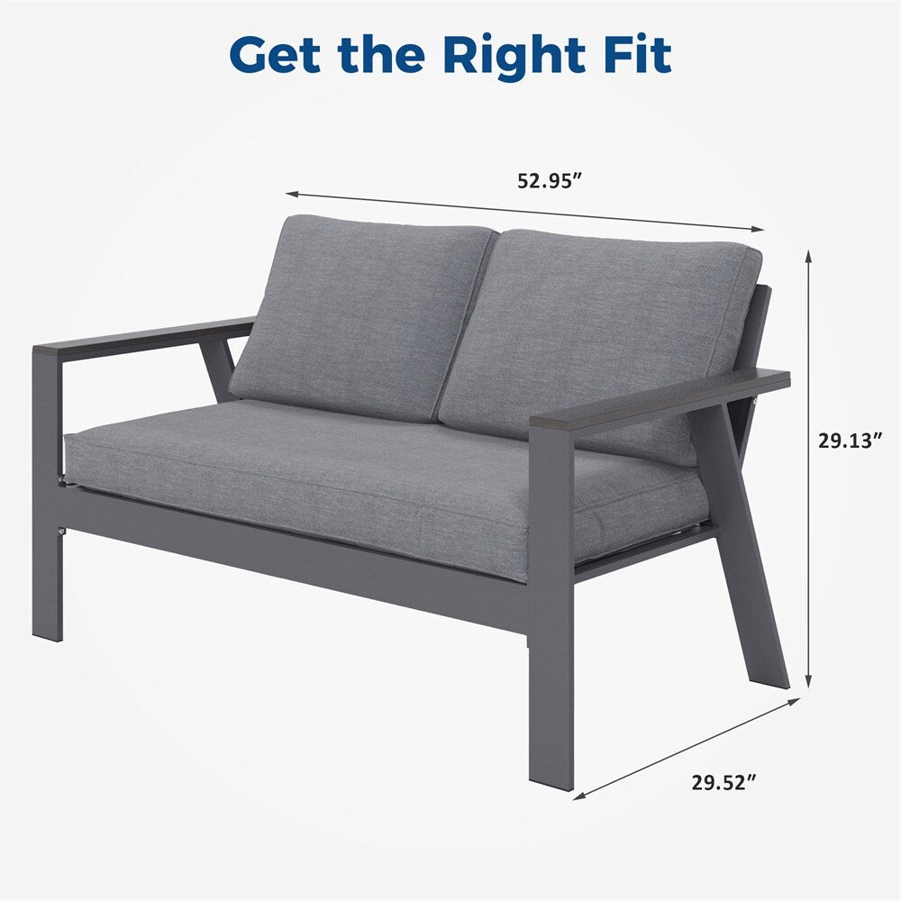 Modern Aluminum Patio Outdoor Couch Sofa With 2 Seater and Comfy Wood Grain Arm