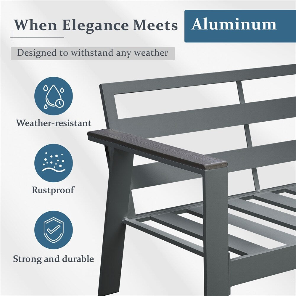 Modern Aluminum Patio Outdoor Couch Sofa With 2 Seater and Comfy Wood Grain Arm