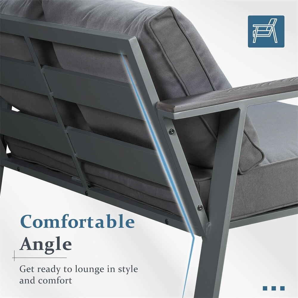 Modern Aluminum Patio Outdoor Couch Sofa With 2 Seater and Comfy Wood Grain Arm