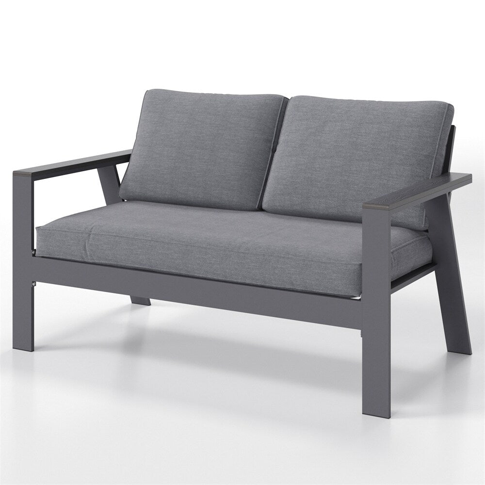 Modern Aluminum Patio Outdoor Couch Sofa With 2 Seater and Comfy Wood Grain Arm