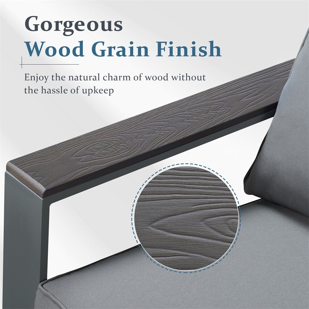 Modern Aluminum Patio Outdoor Couch Sofa With 2 Seater and Comfy Wood Grain Arm