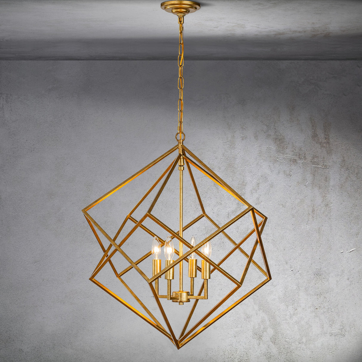 CraftHome Modern Antique Gold Geometric Chandelier 4-Light Adjustable Chain Metal Caged Chandelier - W25''