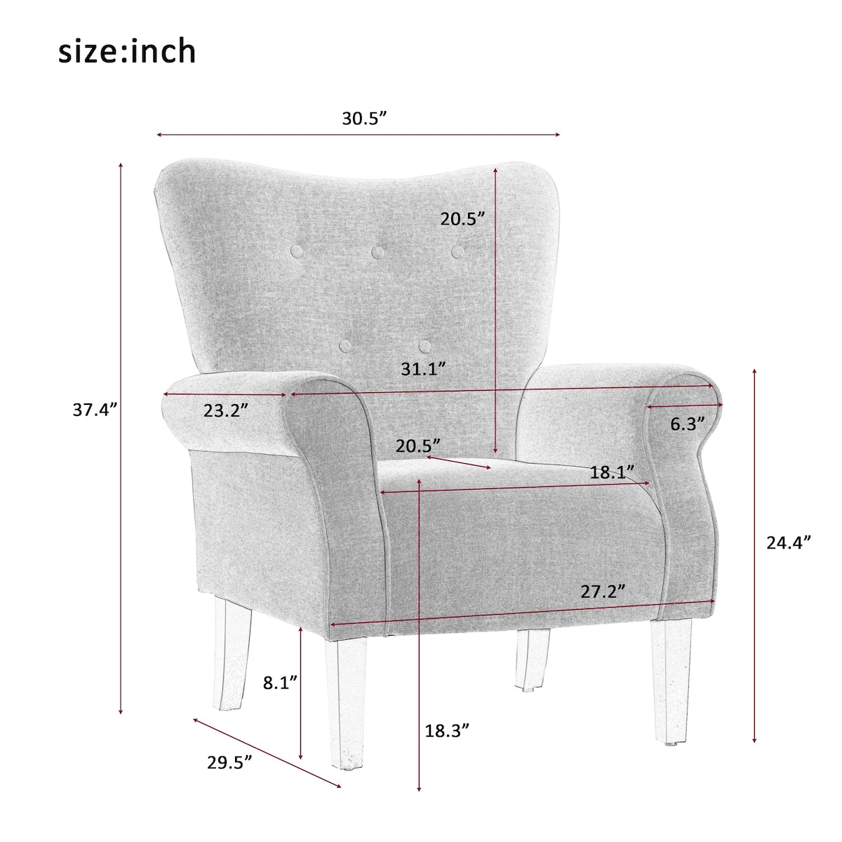 Modern Baroque Design Wing Back Accent Chair Living Room Flared-Rolled Arms Chair with Button-Tufted Back and Wooden Legs