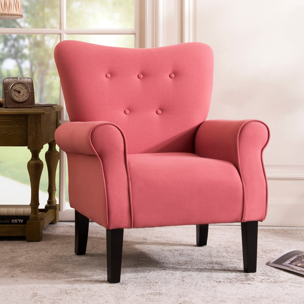 Modern Baroque Design Wing Back Accent Chair Living Room Flared-Rolled Arms Chair with Button-Tufted Back and Wooden Legs
