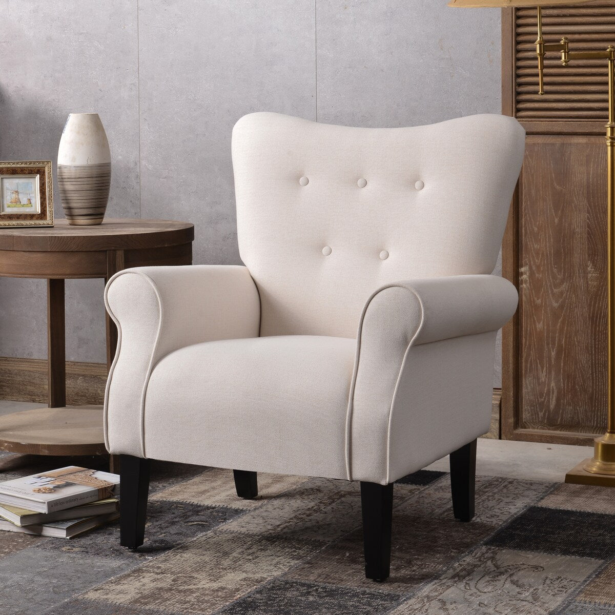 Modern Baroque Design Wing Back Accent Chair Living Room Flared-Rolled Arms Chair with Button-Tufted Back and Wooden Legs