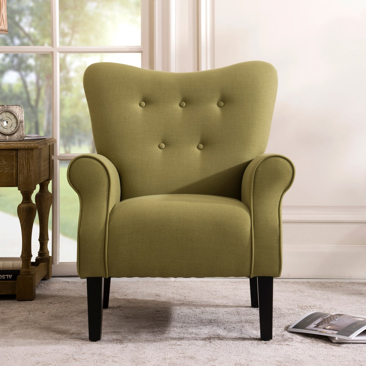 Modern Baroque Design Wing Back Accent Chair Living Room Flared-Rolled Arms Chair with Button-Tufted Back and Wooden Legs