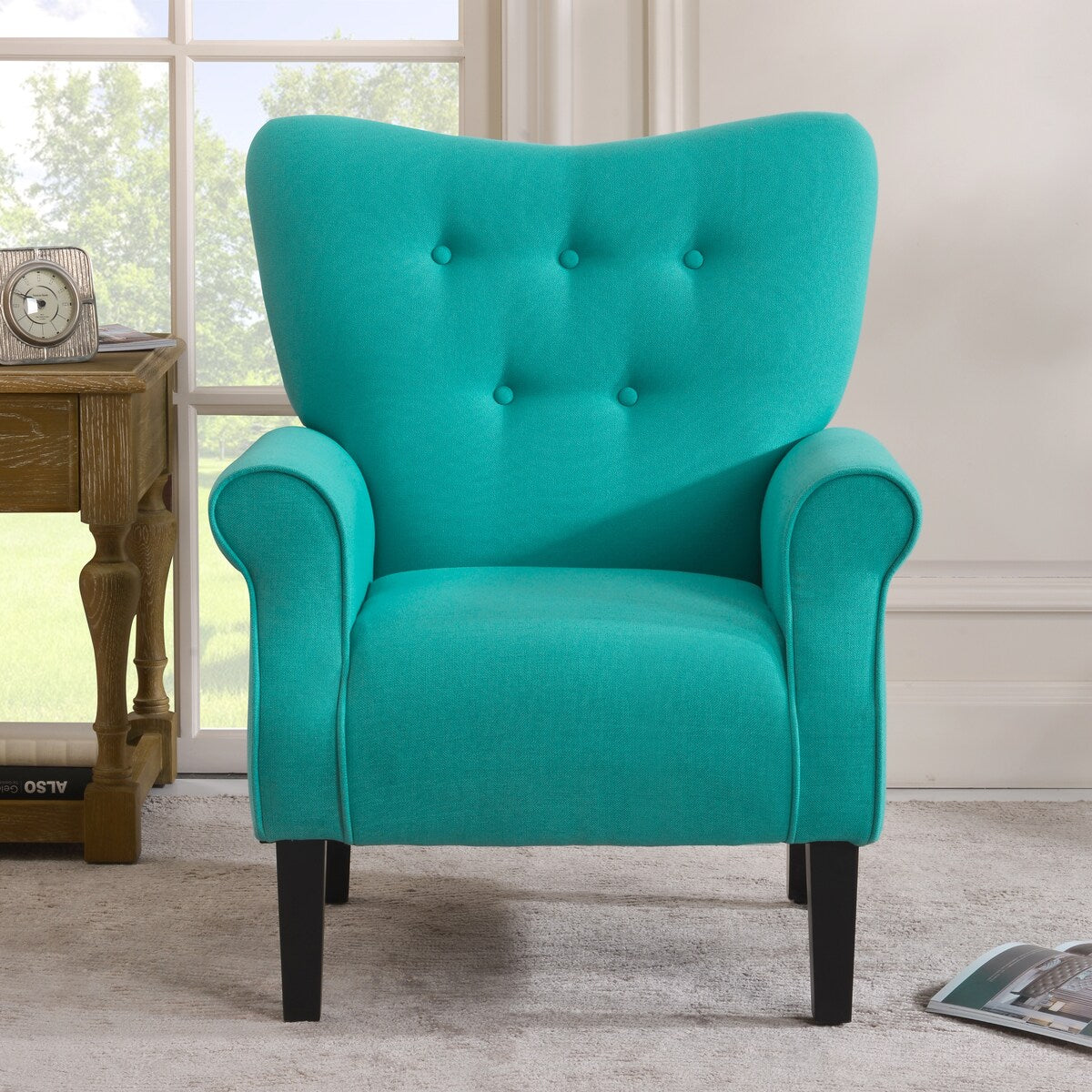 Modern Baroque Design Wing Back Accent Chair Living Room Flared-Rolled Arms Chair with Button-Tufted Back and Wooden Legs