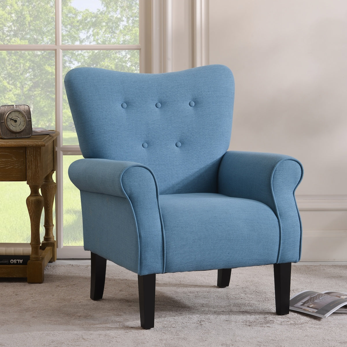Modern Baroque Design Wing Back Accent Chair Living Room Flared-Rolled Arms Chair with Button-Tufted Back and Wooden Legs