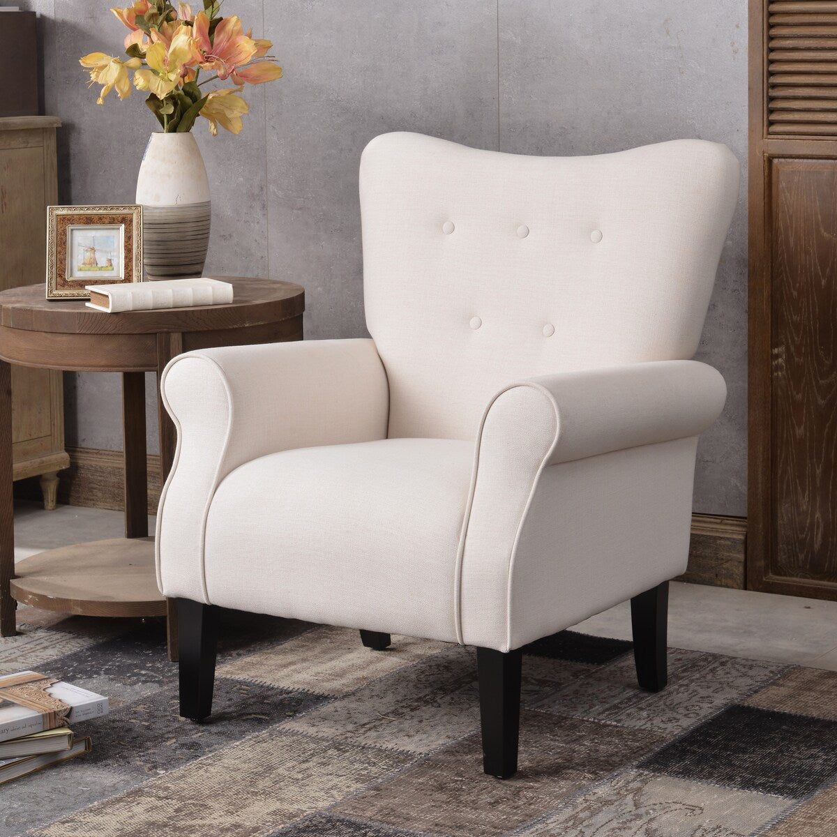 Modern Baroque Design Wing Back Accent Chair Living Room Flared-Rolled Arms Chair with Button-Tufted Back and Wooden Legs