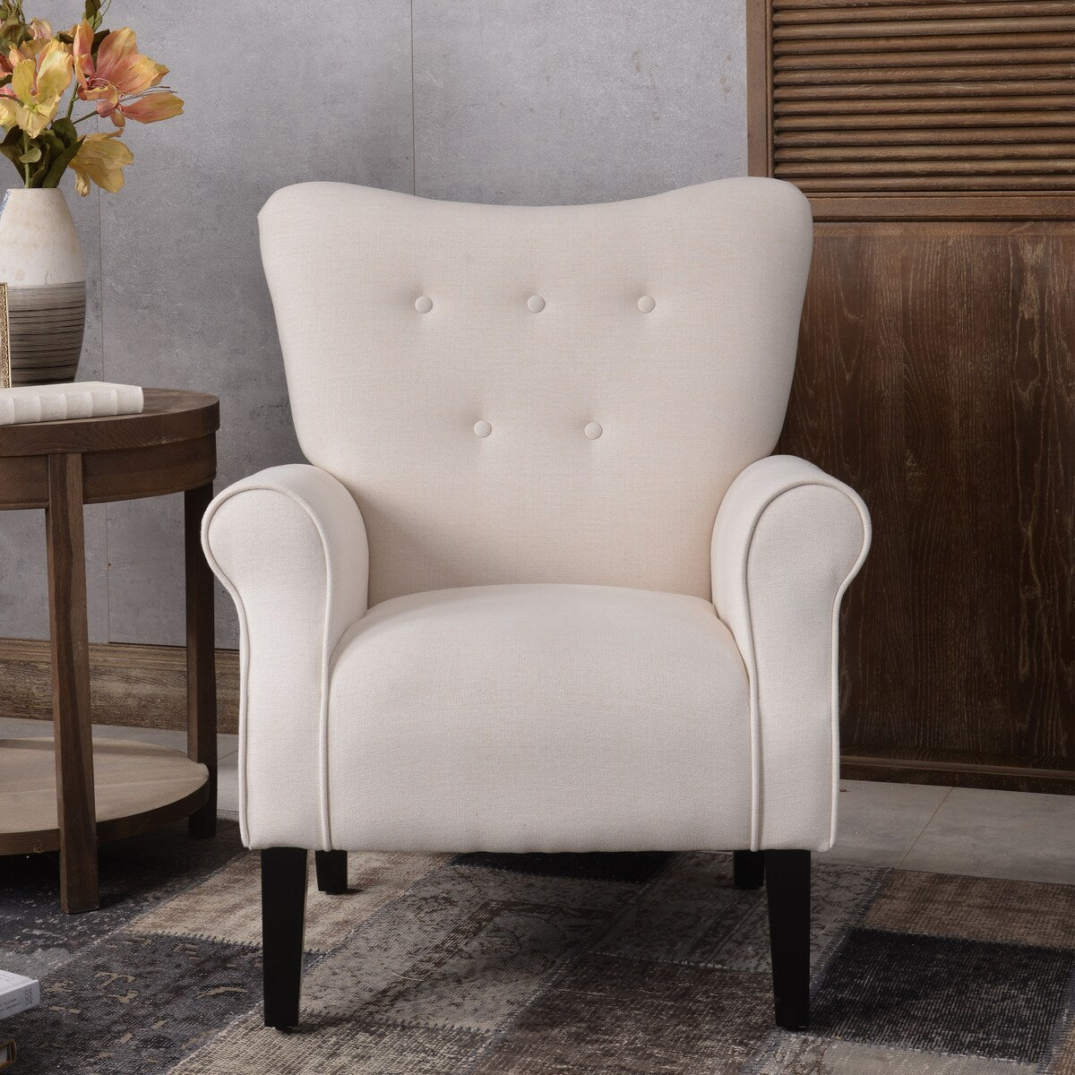 Modern Baroque Design Wing Back Accent Chair Living Room Flared-Rolled Arms Chair with Button-Tufted Back and Wooden Legs