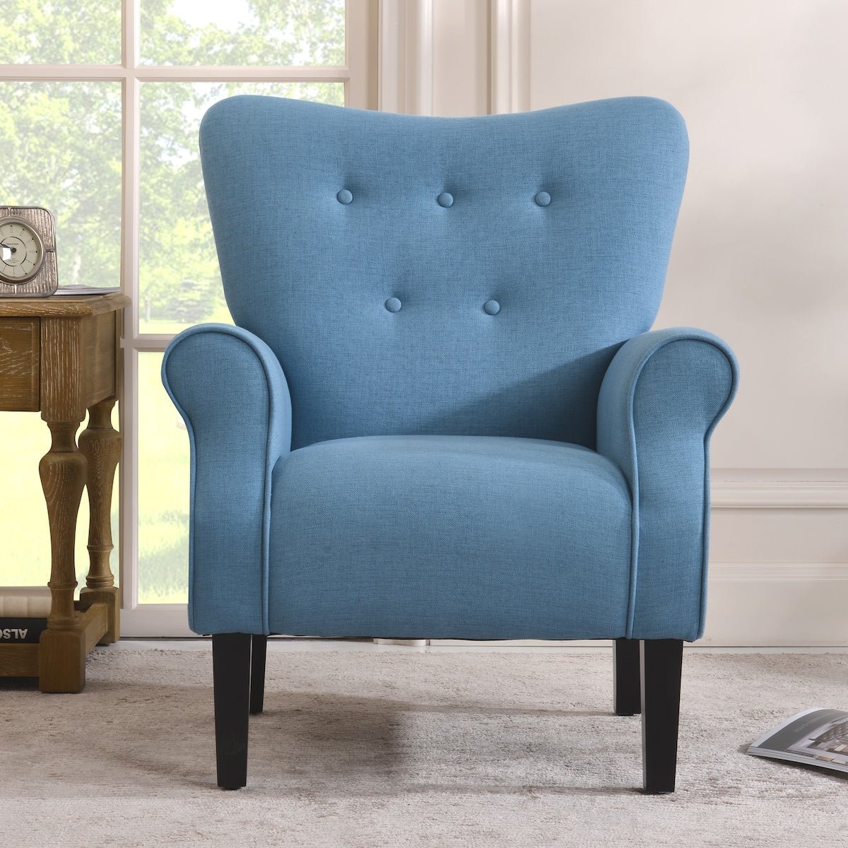 Modern Baroque Design Wing Back Accent Chair Living Room Flared-Rolled Arms Chair with Button-Tufted Back and Wooden Legs