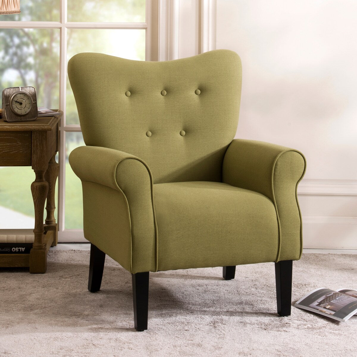 Modern Baroque Design Wing Back Accent Chair Living Room Flared-Rolled Arms Chair with Button-Tufted Back and Wooden Legs