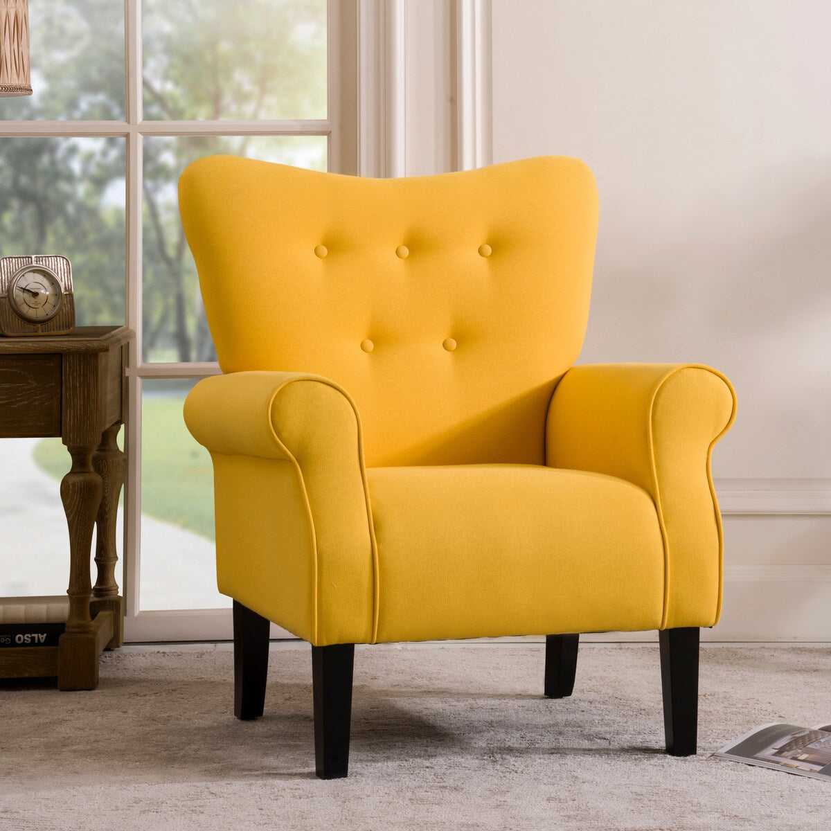Modern Baroque Design Wing Back Accent Chair Living Room Flared-Rolled Arms Chair with Button-Tufted Back and Wooden Legs