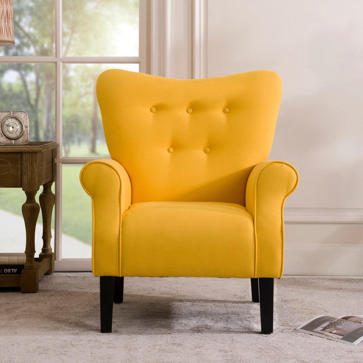 Modern Baroque Design Wing Back Accent Chair Living Room Flared-Rolled Arms Chair with Button-Tufted Back and Wooden Legs