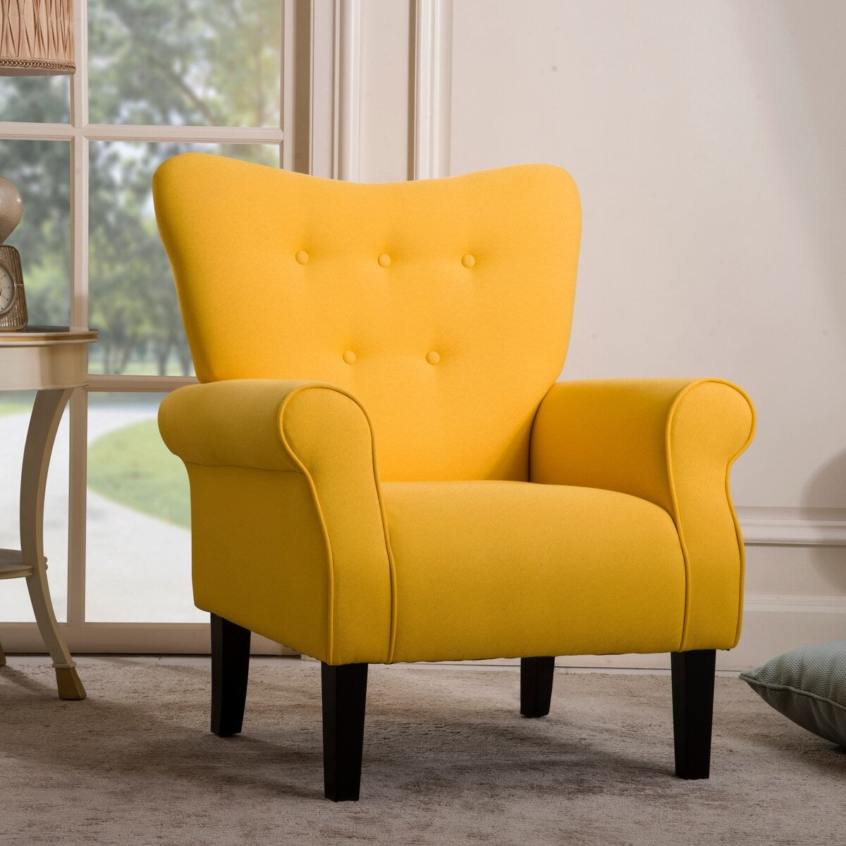 Modern Baroque Design Wing Back Accent Chair Living Room Flared-Rolled Arms Chair with Button-Tufted Back and Wooden Legs