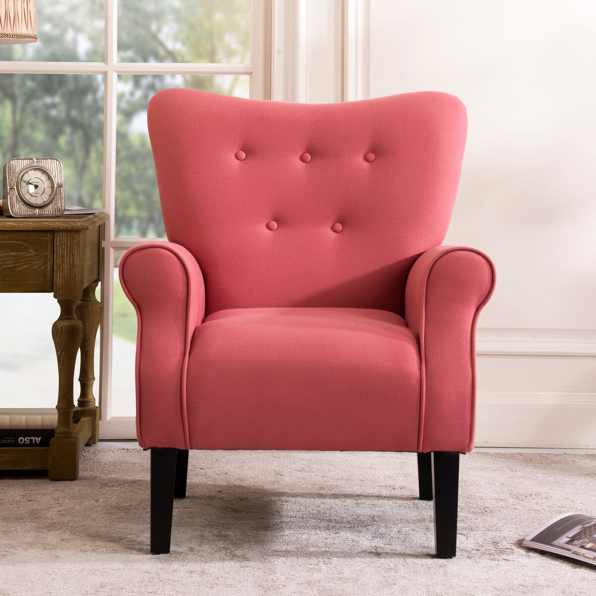 Modern Baroque Design Wing Back Accent Chair Living Room Flared-Rolled Arms Chair with Button-Tufted Back and Wooden Legs