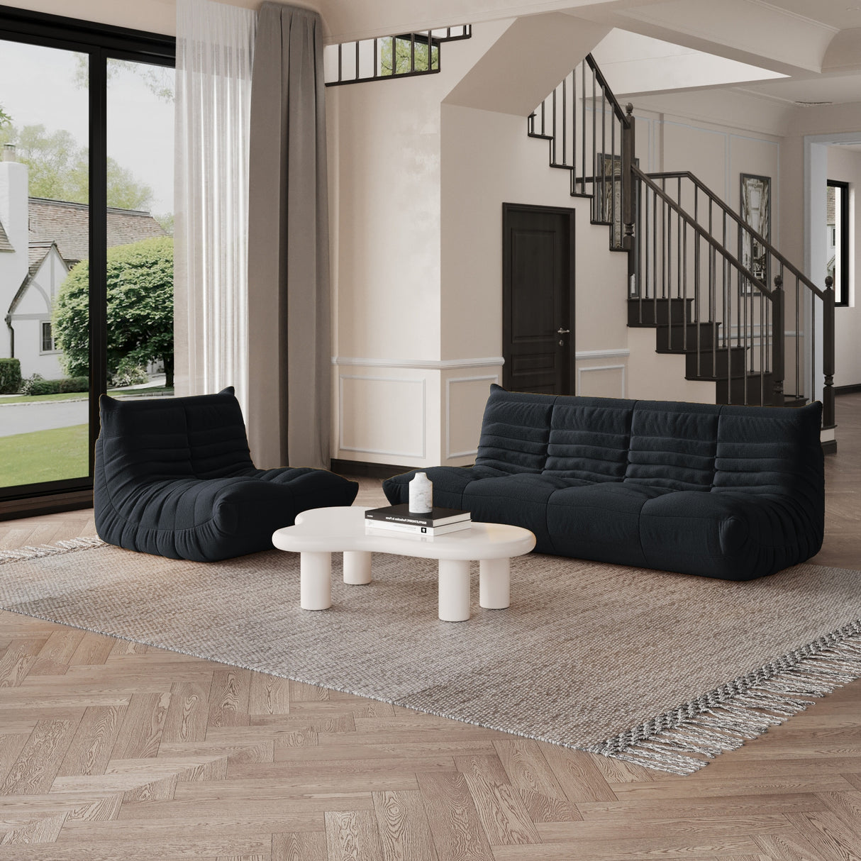 Modern Bean Bag Chair, Teddy Fabric Lounger Chair Lazy Sofa Set