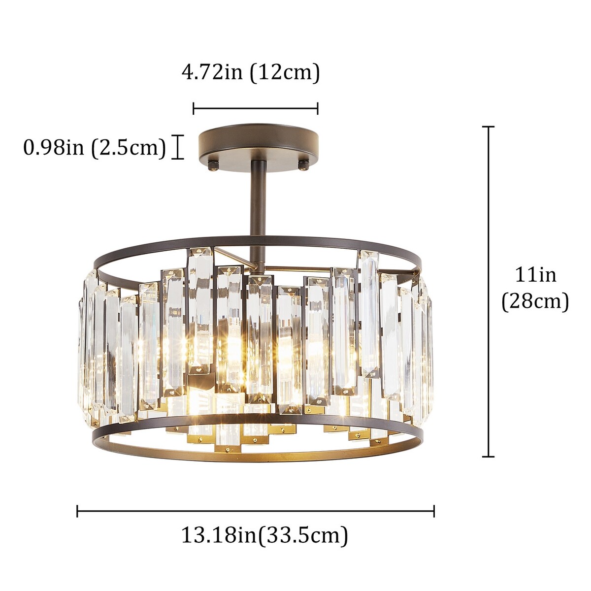 Modern Black 3-Light Crystal Pieces Cylinder Semi Flush Mount Lamp