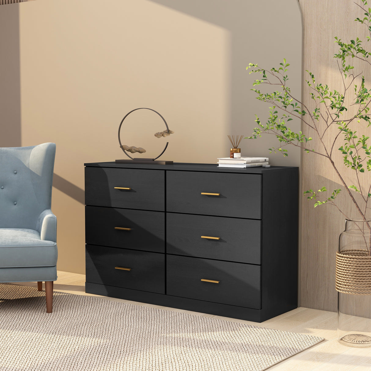 Modern Black 6-Drawer Dresser
